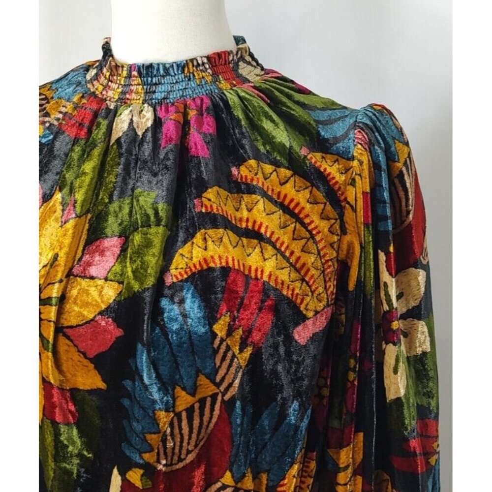FARM Rio Macaw Ballet Velvet Mini Dress S Long Sleeve Party Floral High Neck - Picture 6 of 15